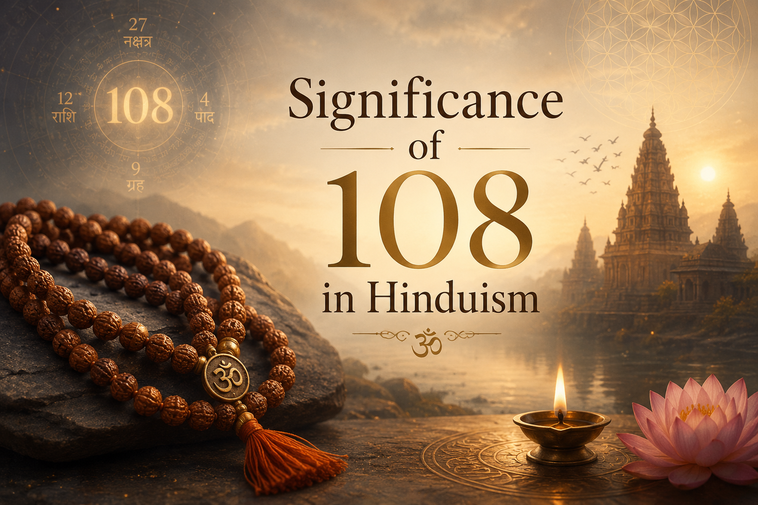“Aesthetic spiritual illustration representing the significance of 108 in Hinduism, featuring a Rudraksha jap mala, glowing diya, lotus flower, sacred geometric patterns, and an ancient temple in warm mystical tones.”